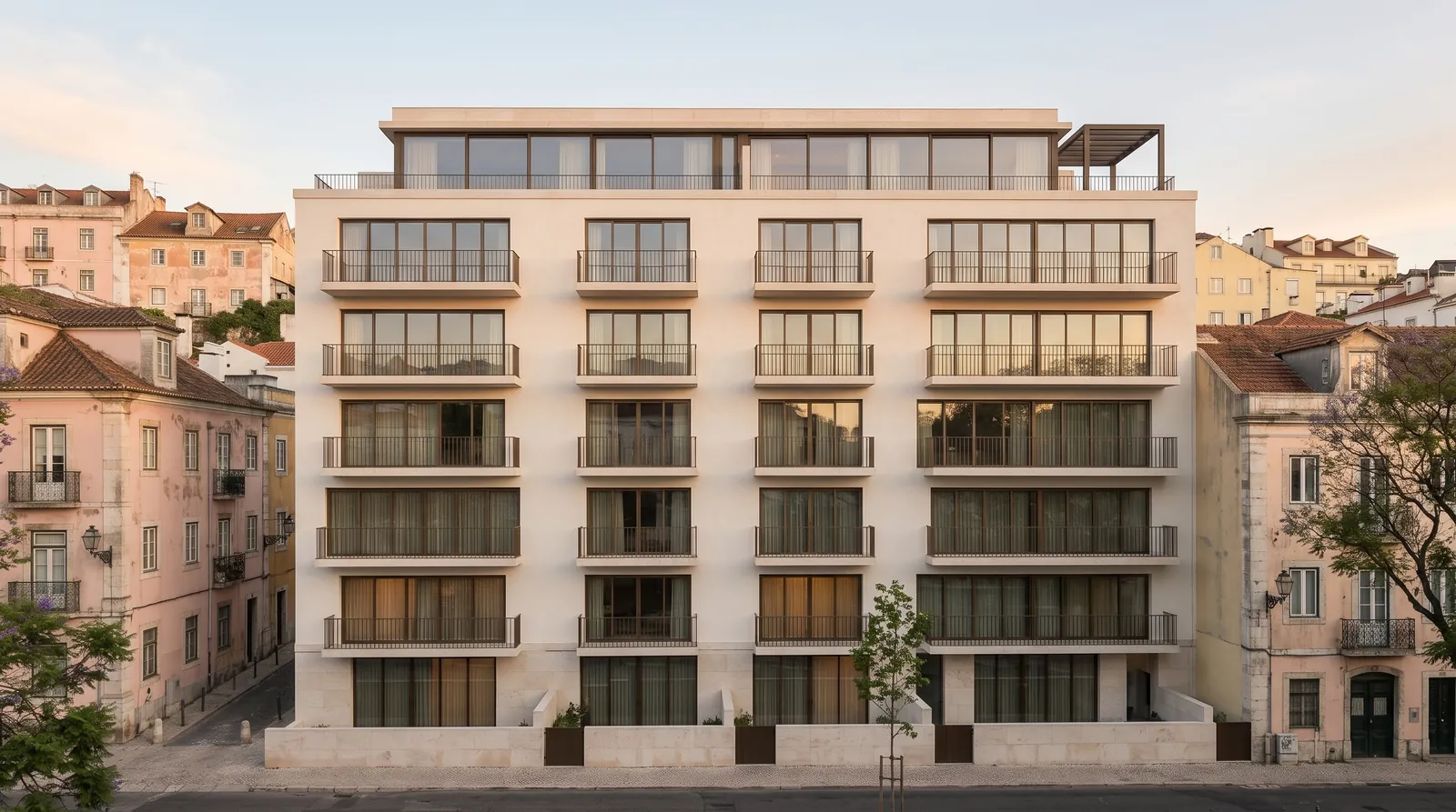 South facade of Corvela Residences with all homes, seen from across the riverside garden — illustrative visualisation