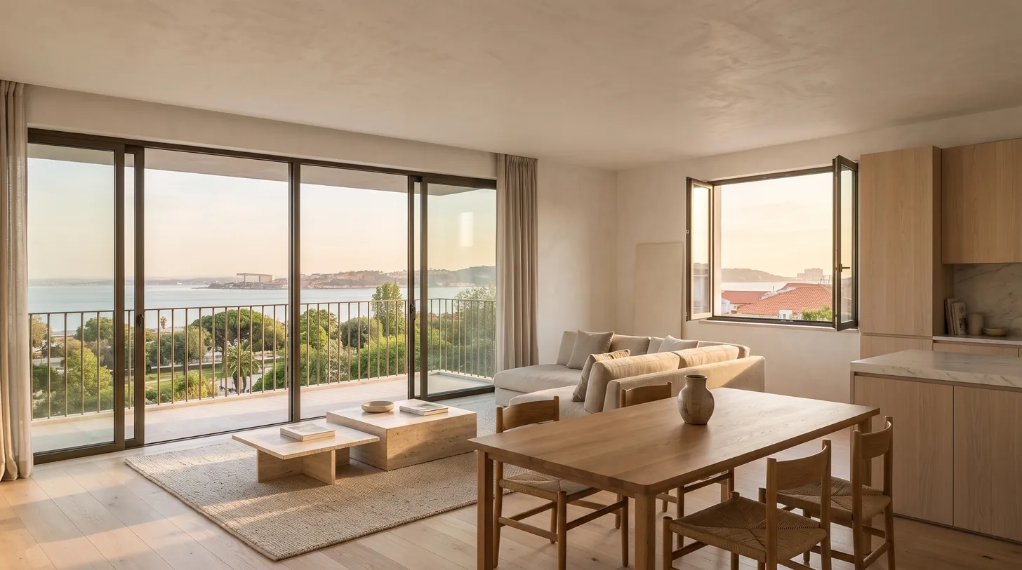 Living room of a two-bedroom home opening onto the balcony, river in the distance — illustrative visualisation