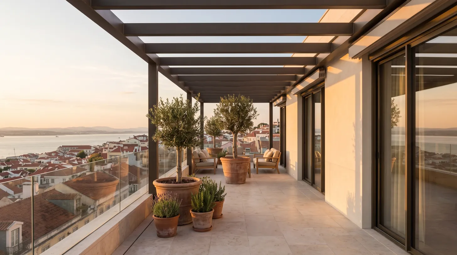 Penthouse roof terrace with pergola and planting, looking south-west — illustrative visualisation